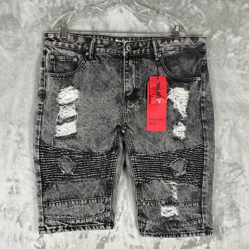Trill Nation Mens Moto Biker Denim Shorts Acid Wash Distressed Gray Size 36‎
